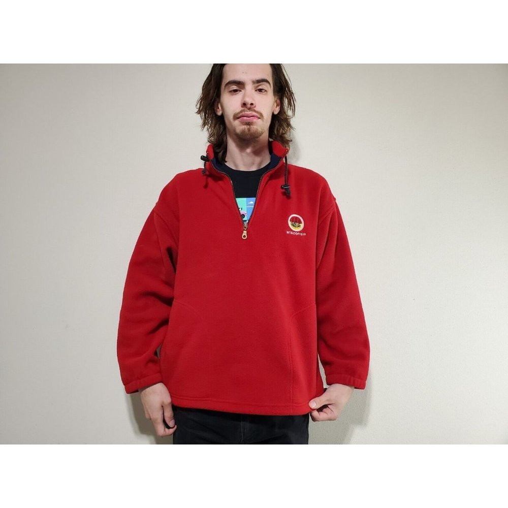 VTG Wisconsin  J America Made In USA Red 1/4 Zip Fleece Sweatshirt Mens Size M